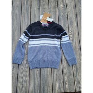 Kids V-Neck Striped Sweater Gray White Blue Long Sleeve Size 3T